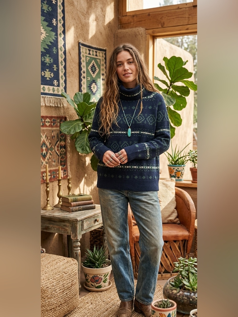 Pendleton Navy & Green Geometric Turtleneck Sweater
